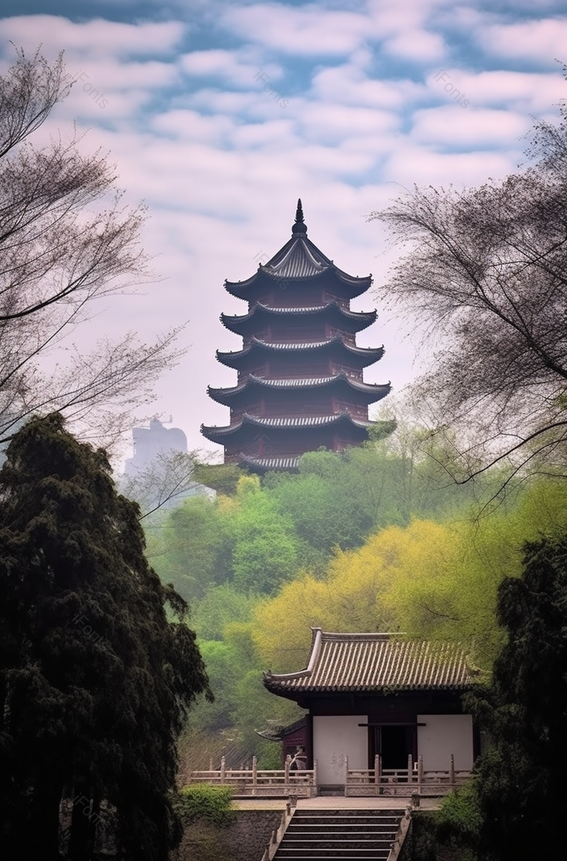蓝天下宝塔古建筑寺庙绿树环绕美景拍摄,高清,摄影图,摄影图片,图片大全,摄影图免费下载